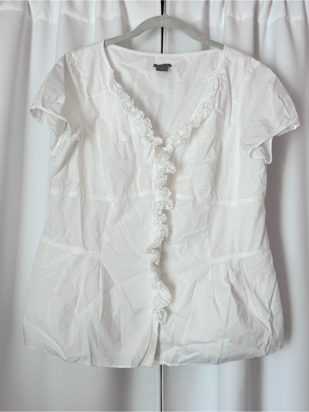 Ann Taylor White Cotton Ruffle-Front V-Neck Blouse Size 14 Large
